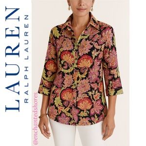 Ralph Lauren Floral Paisley Blouse Button Up Shirt Black Pink Red Womens Size 1X